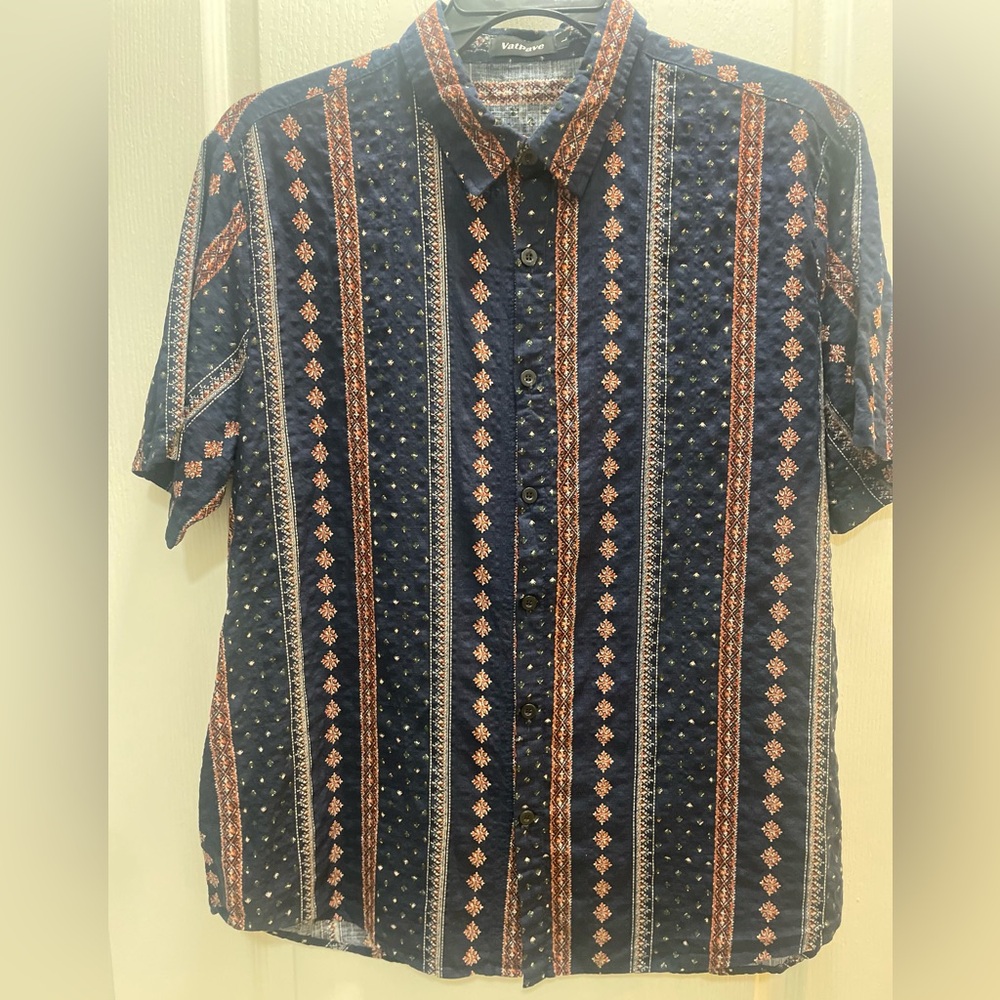 Stylish Navy and Orange Patterned Button Down Shirt